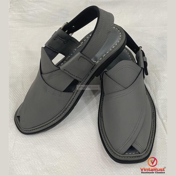 Dark Grey Leather Footwear: Authentic Handmade Gents Peshawari Chappal main image 4